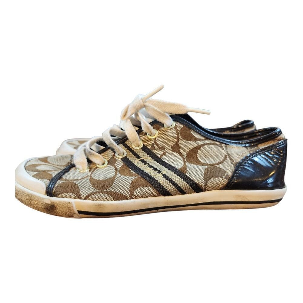 Coach Signature Monogram Sneakers Womens 9 Brown Tan Low Top Jacquard Shoes